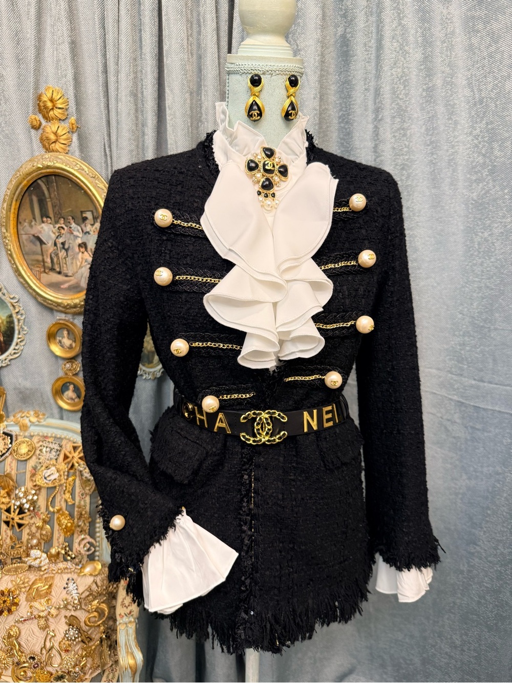 Couture French-Style Black Tweed Blazer with Pearl & Gold Embellishments